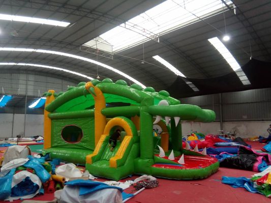 Green Crocodile Bounce House 0.55mm PVC Material Reinforcements For Zipper Joints